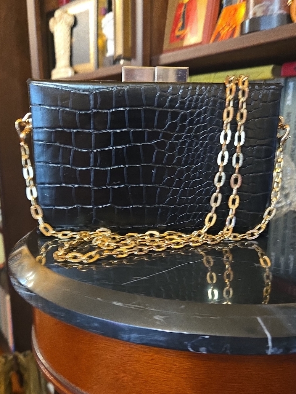 Black Croc-Embossed Box Clutch with Gold Chain